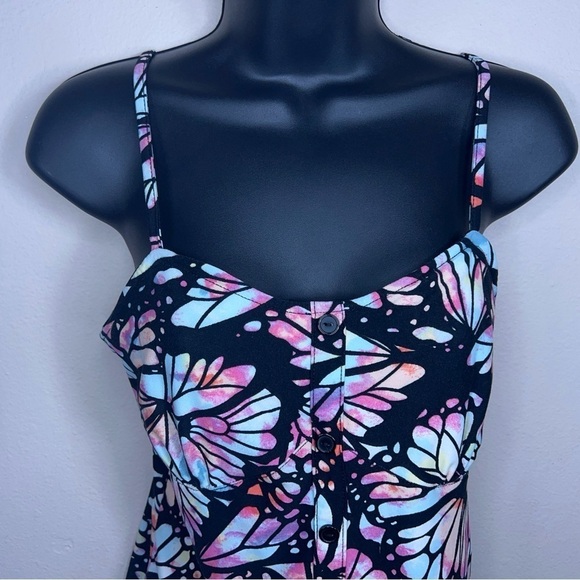 MEDIUM JUNIORS BLACK COLORFUL BUTTERFLY TANK RETRO SLEEVELESS STRETCH TOP - Picture 2 of 12